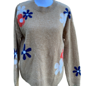 Cynthia Rowley Beige Sweater with Colorful Floral Patterns
